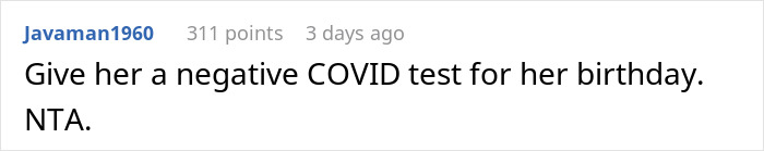 Reddit comment suggesting a negative COVID test as a birthday gift, related to pregnancy announcement not counting as a present.