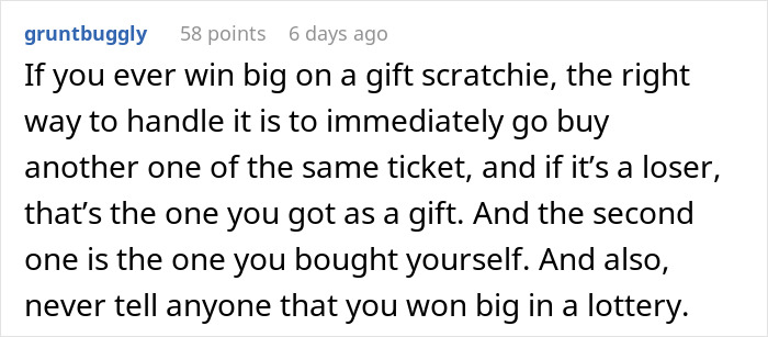 Text advice on handling lottery scratchie winnings, suggesting buying another ticket and keeping the win a secret.