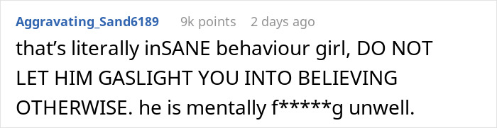 Reddit comment warning a woman about her boyfriend\'s behavior and gaslighting.