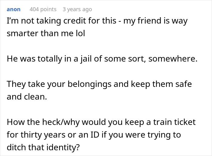 Reddit comment discussing theories on a mystery disappearance involving a missing man, referencing belongings in jail.