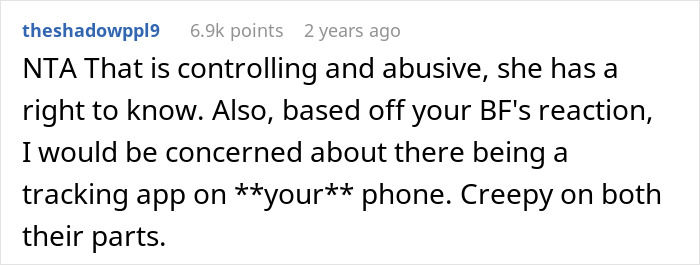 Reddit comment discussing controlling behavior and privacy concerns in relationships.