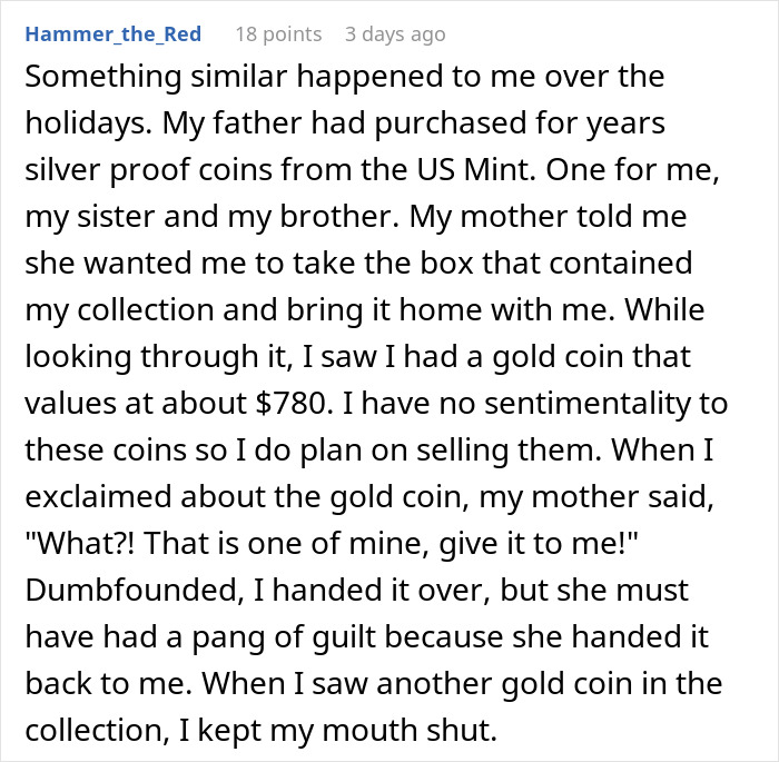 Text story about heirlooms and hidden treasures involving a mother, son, and gold coins.