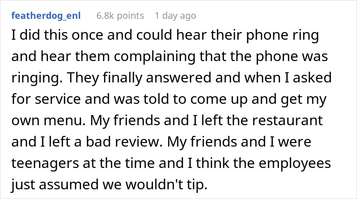 Text about being ignored at a restaurant and not tipping, shared by user featherdog_enl.