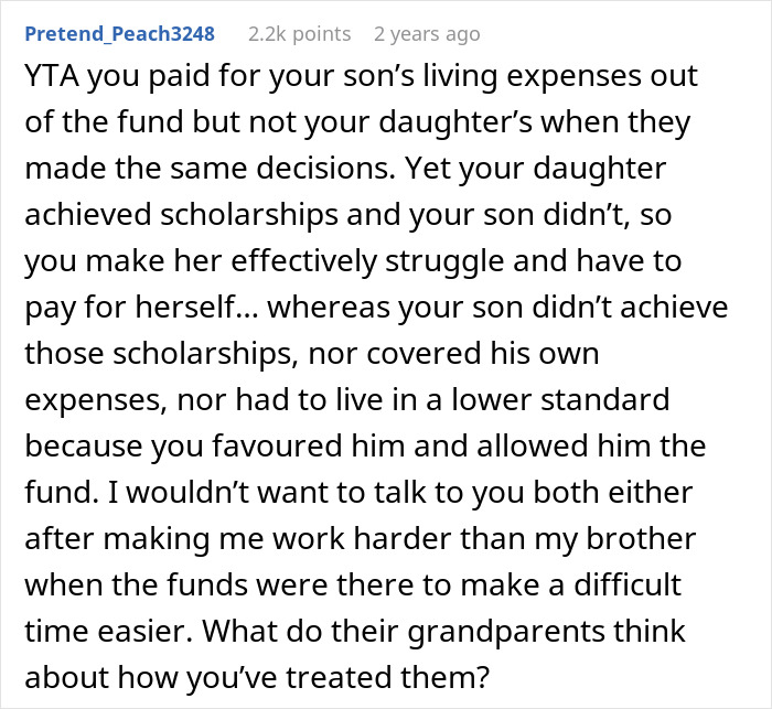 Text discussing a daughter struggling to pay for college while her brother lives lavishly using family funds.