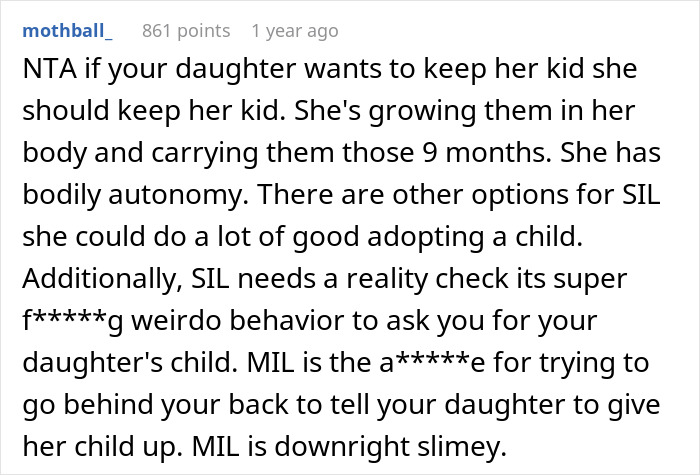 Reddit comment defending a daughter's right to keep her baby against a controlling grandmother.