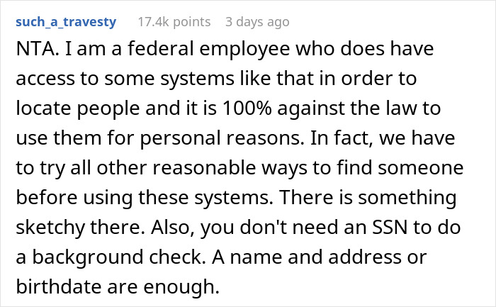 Text post discussing legality of using social security numbers for background checks.