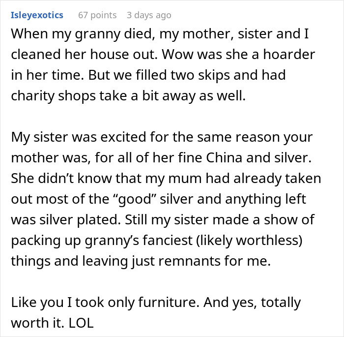 Text exchange about hoarding heirlooms, with a woman's surprise over her son's real treasure.