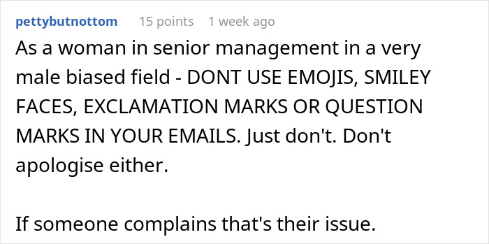 Text on a post discusses email styles in male-biased fields, advising against emojis and apologies for women.