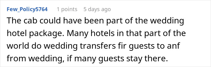 Comment discussing wedding taxi and hotel transfer options for guests.