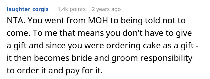 Reddit comment about wedding cake responsibility, discussing gifting and the bride-groom's role after uninviting.