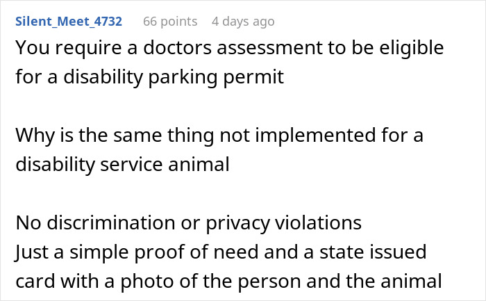 Text discussing requirements for disability parking permits and proposing a similar system for service animals.