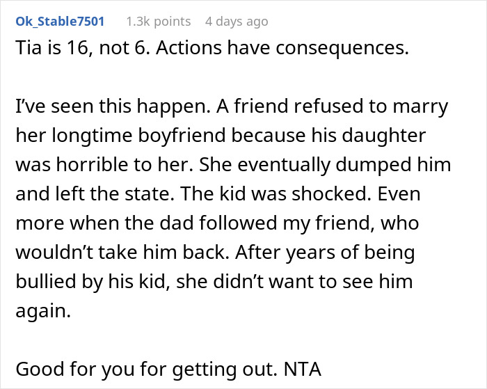 Comment discussing a teen's reaction to dad's ex-GF, involving consequences and relationship choices.