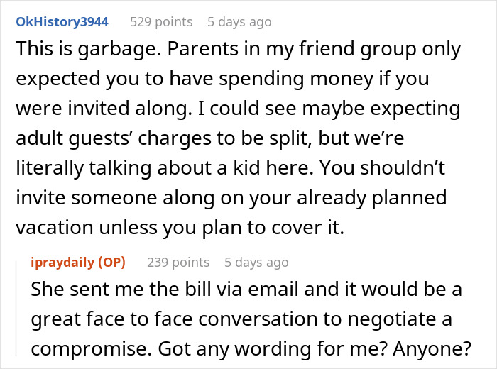 Reddit discussion about unexpected vacation bills for teens joining friends.