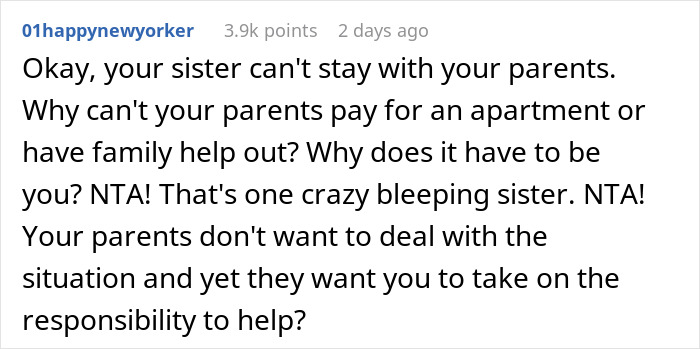 Reddit comment about family dynamics after sister is left homeless.