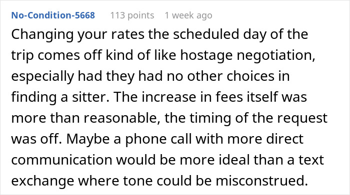 Reddit comment discussing pet sitter rate controversy and timing issues.