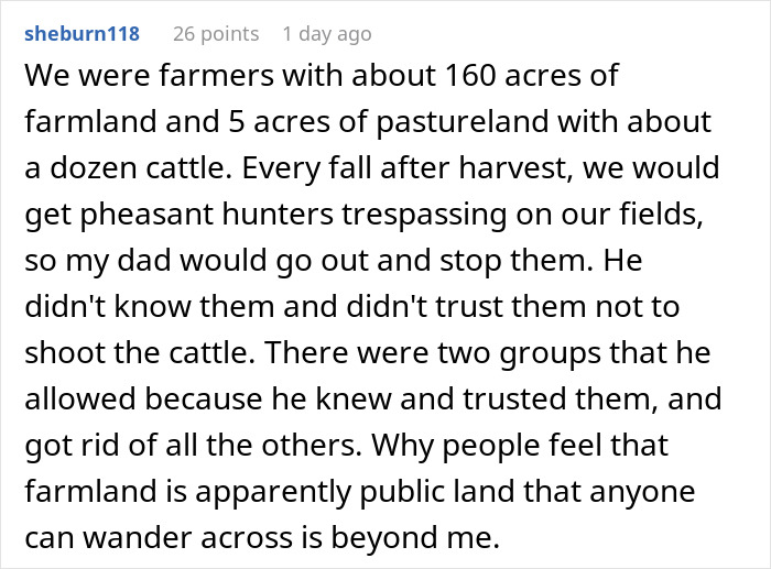 Text about entitled neighbor issues with hunters trespassing on private farmland to hunt deer.