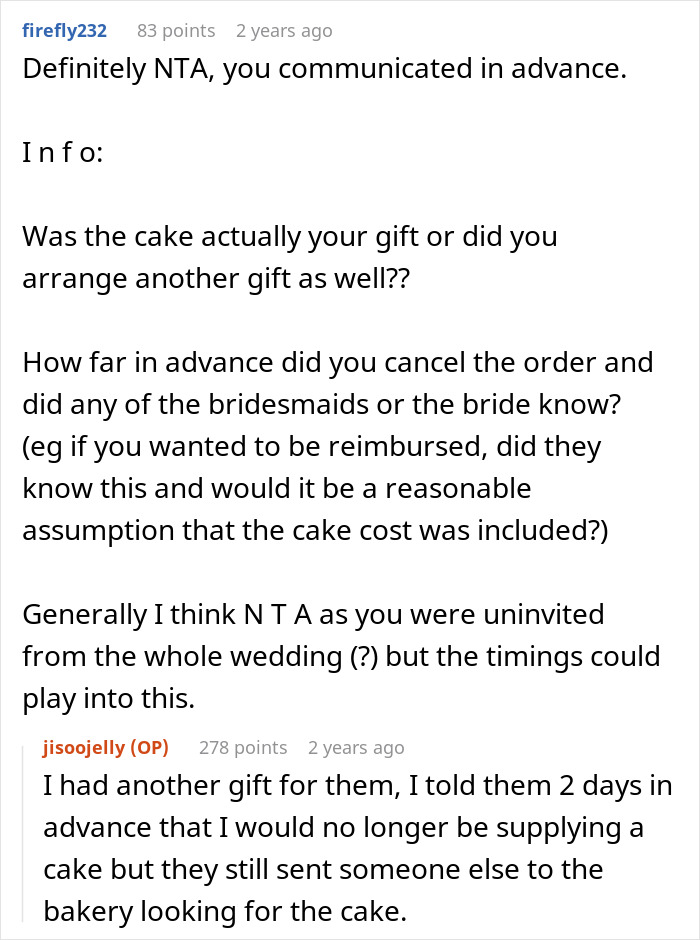 Reddit users discuss ex-BFF canceling wedding cake order after being uninvited.