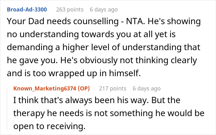 Reddit comments discussing dad's grief and need for therapy, highlighting issues with understanding children.