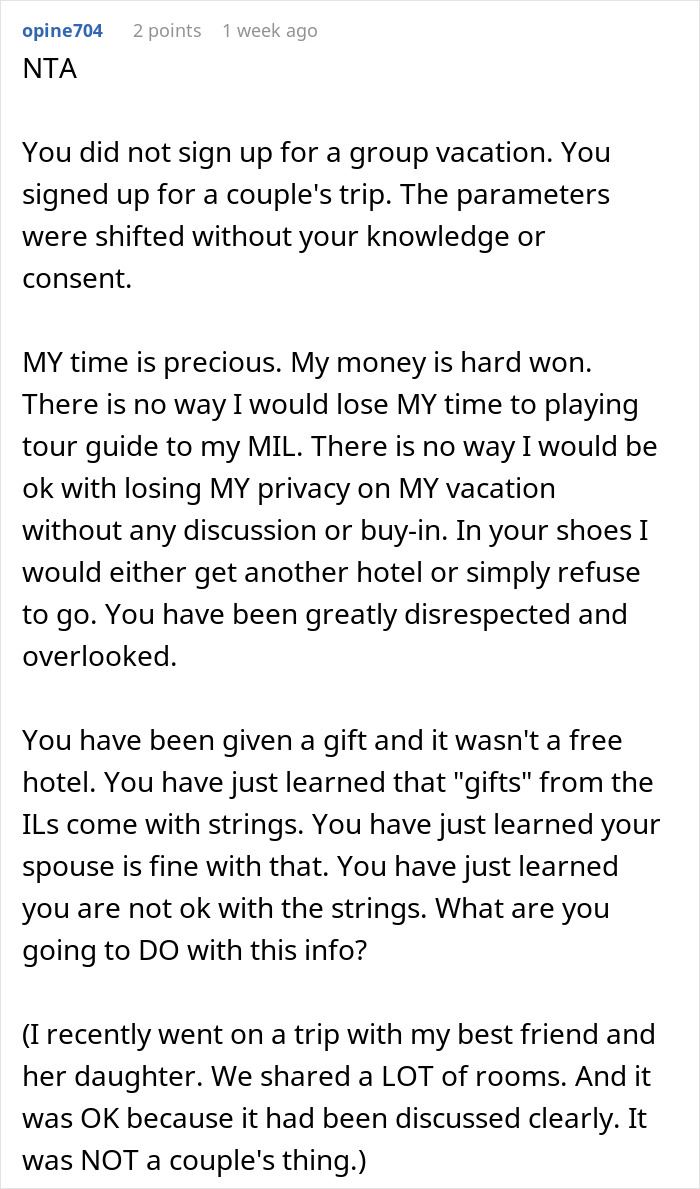 Reddit comment about MIL joining vacation, affecting couple's privacy and plans.