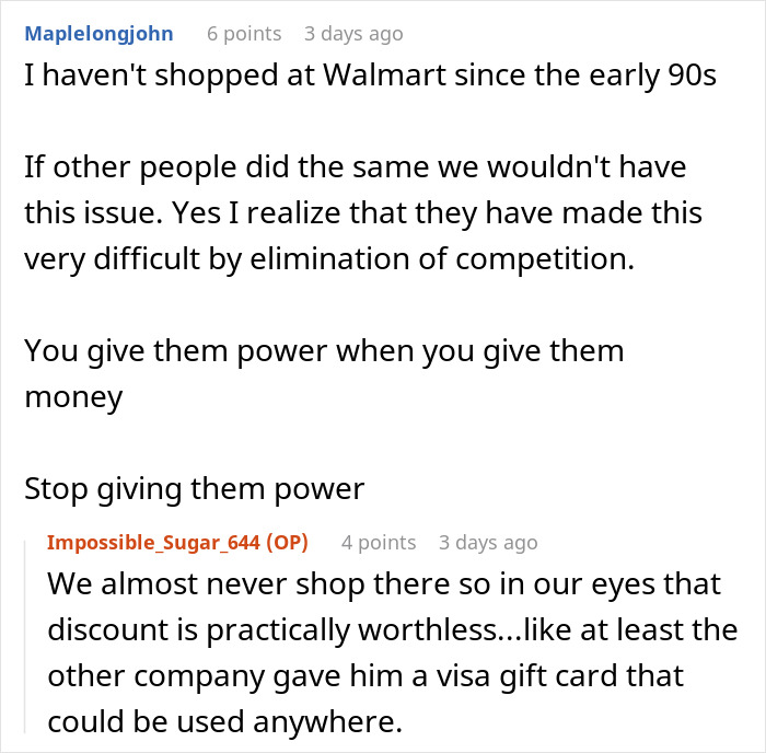 A man comments on Walmart discounts being useless compared to gift cards in an online discussion.