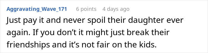 Comment discussing vacation bill shock and its impact on children's friendships.