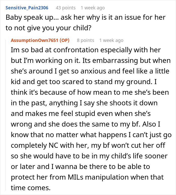 Reddit conversation discussing mil-hold-baby-drama with users giving advice on handling confrontation.