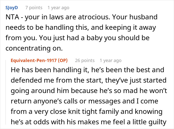 Reddit comments about family pressure on woman; support suggested from husband against in-laws.