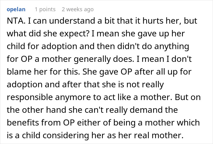 Reddit comment discussing a mother not walking her child down the aisle due to past adoption.