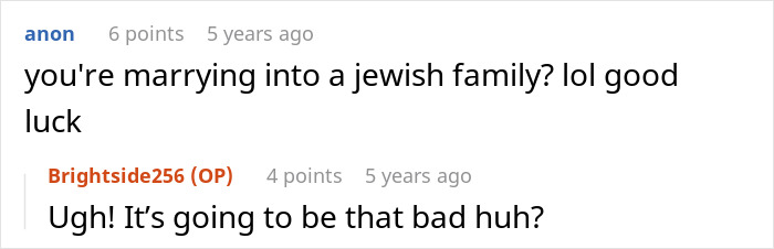 Screenshot of a Reddit conversation about marrying into a Jewish family, featuring humor and assumptions.