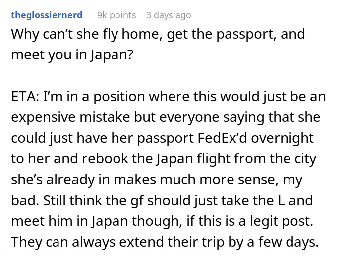 Guy Refuses To Cancel Japan Trip After GF Forgot Her Passport, She’s Upset He “Abandoned Her”