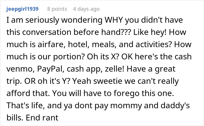 Comment discussing surprise vacation costs and communication issues.