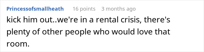 Reddit comment about rental crisis and suggesting to kick someone out for better room options.