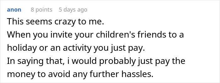 Comment discussing parents receiving a hefty bill after teen joins friend's family on vacation.