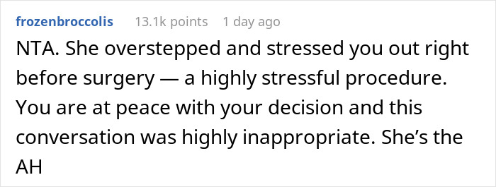 Comment discussing a nurse appointment causing stress before a hysterectomy procedure.