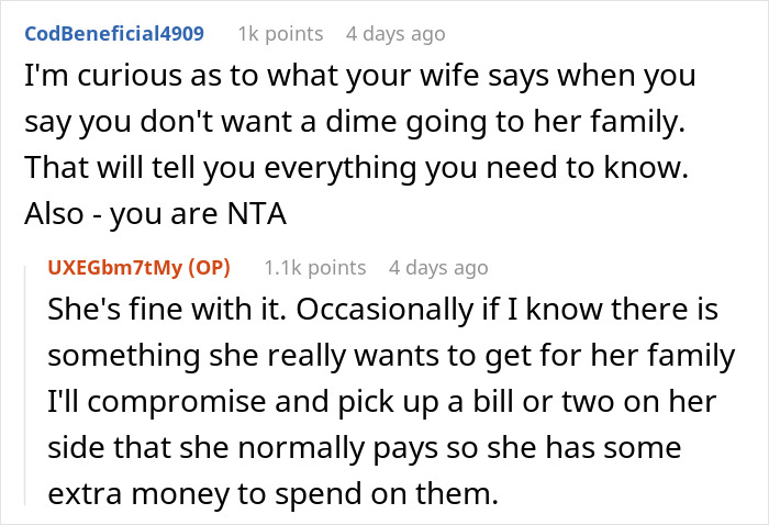 Reddit comments discussing financial compromises between a man and his wife, related to in-law spending and business success.