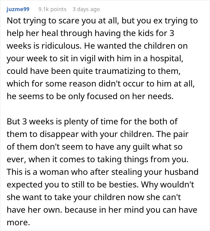 Text describing a woman's refusal to comfort her ex-husband and former friend after a miscarriage.