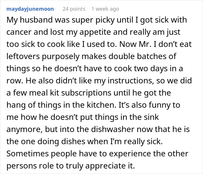 Text post about husband dealing with cooking challenges after wife's illness, highlighting their kitchen drama.