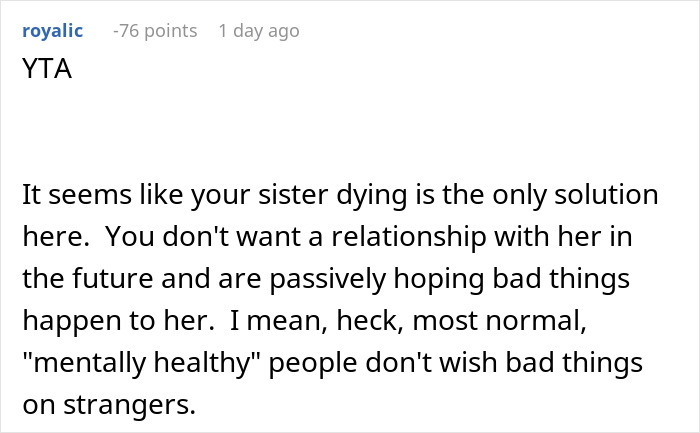 Comment discussing relationship with sister and babysitting, suggesting passive negativity toward her future.