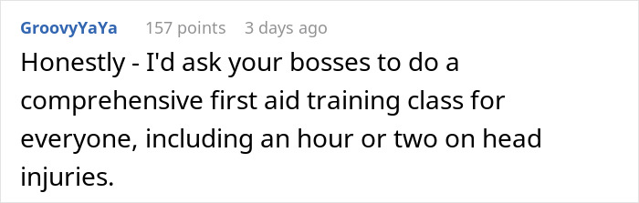 Comment suggesting first aid training after coworker incident.