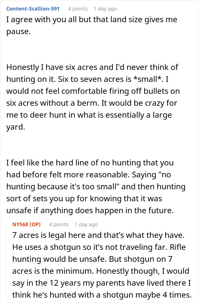 Reddit discussion about deer hunting on small private land and related safety concerns.