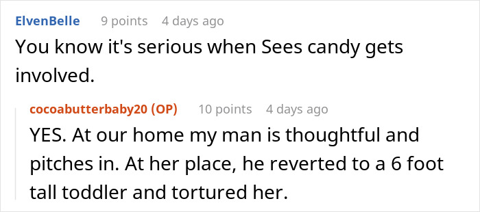 Screenshot of a Reddit post discussing a couple's pretend break up and candy being involved.