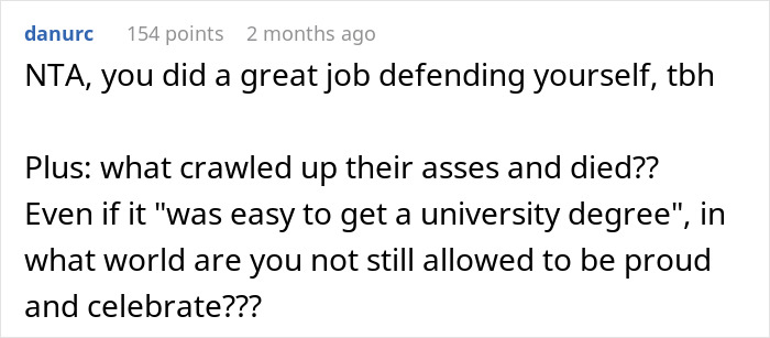 Reddit comment questioning beliefs about university importance and celebrating degrees.