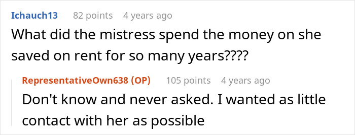 Reddit thread discussing a mistress's spending habits and minimal contact.