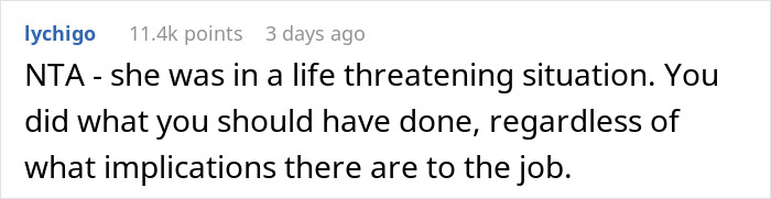 Reddit comment discussing a coworker's life-threatening situation and job implications.