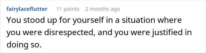 Reddit comment on family views about university, discussing self-respect and justification in standing up for oneself.