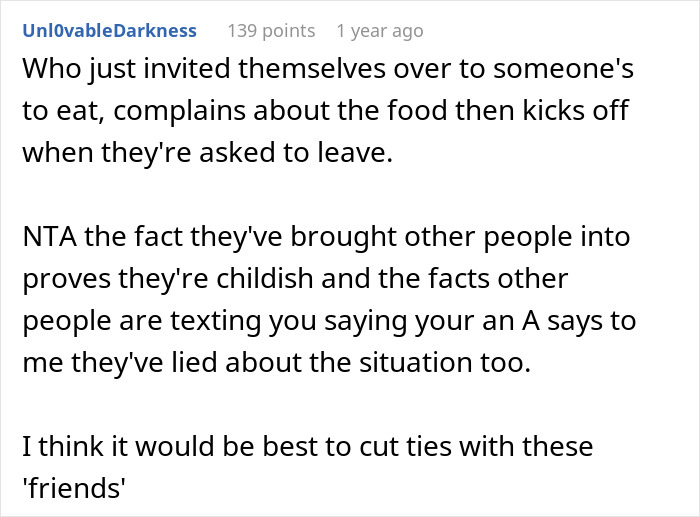 Negative comment on a forum about a guy wasting food at a dinner party, suggesting to cut ties with such friends.