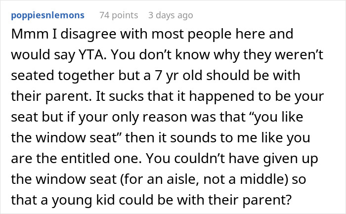 Comment discussing refusal to give up a window seat for a child to sit with a parent.