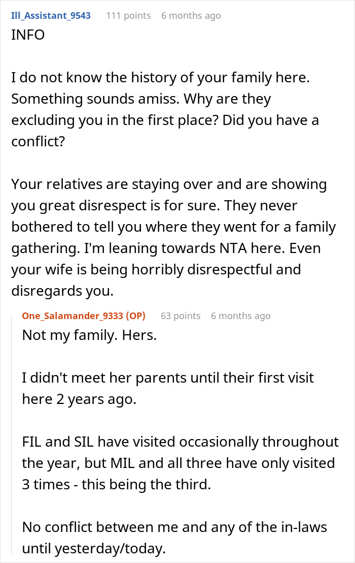 Reddit thread discussing in-laws exclusion from brunch and dinner plans.