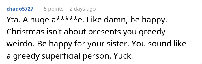 Comment criticizing reaction to sister\'s pregnancy announcement as a Christmas present.