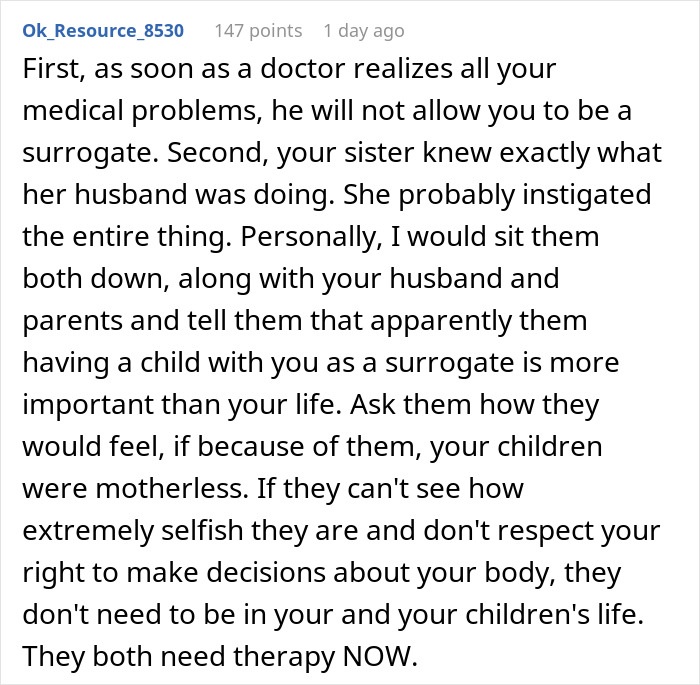 Reddit comment discussing medical concerns and family pressure on a woman planning a hysterectomy.